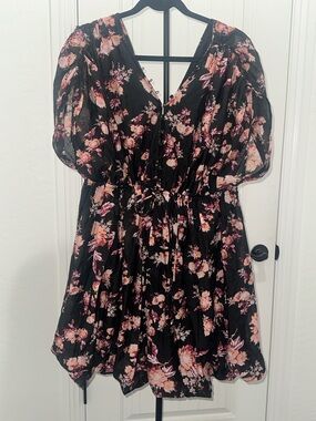 ASOS DESIGN Button Detail Neckline Mini Dress Puff Skirt Black Pink Floral Sz 14